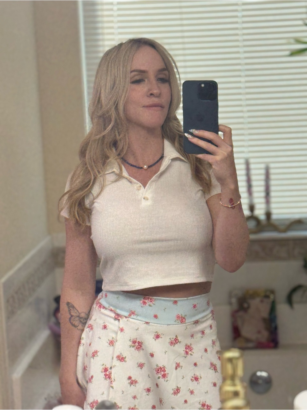 Altar'd State Cream Ribbed Cropped Polo Top